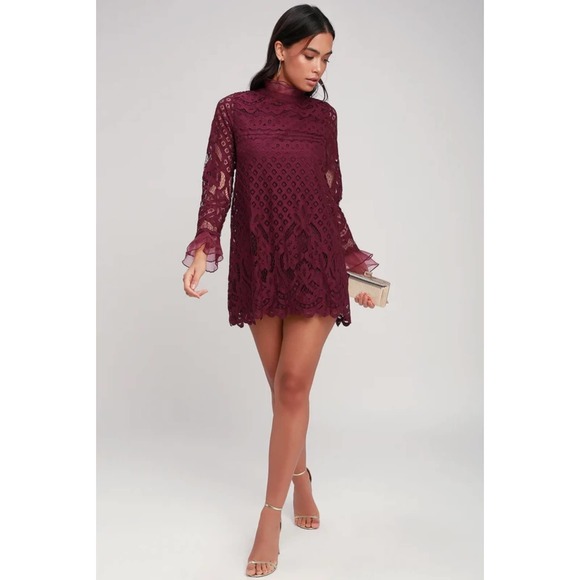 Lulu's Burgundy Lace Mini Dress - Picture 2 of 12